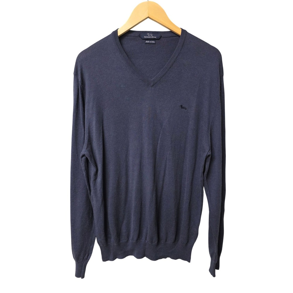 Harmont & Blaine V-Neck Sweater Mens XL Blue Cotton Cashmere Made In Italy EUC
